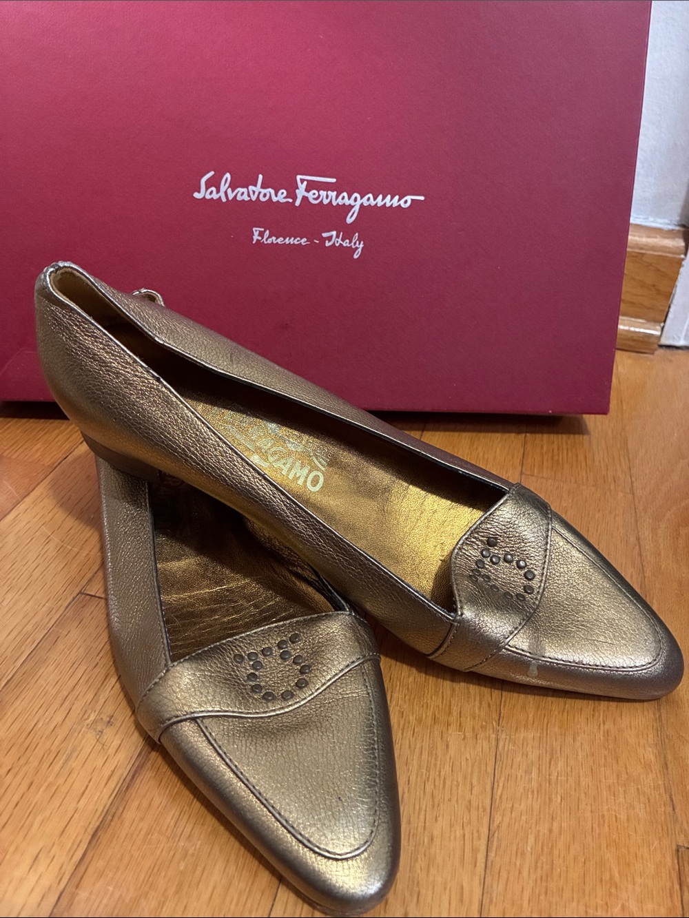 Salvatore Ferragamo Metallic Gold Leather Loafers Authentic